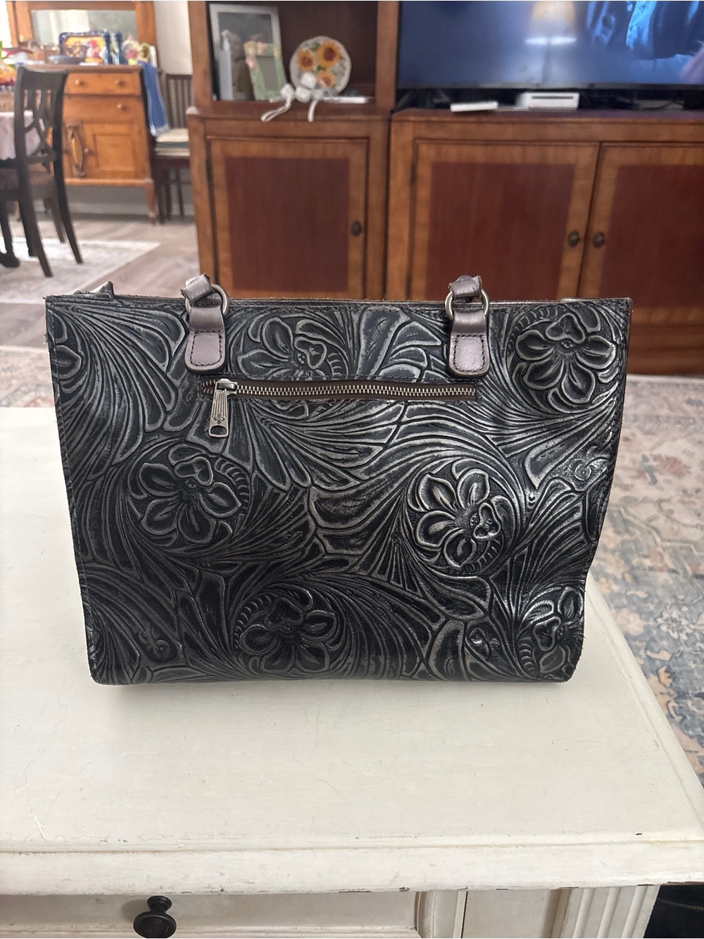 Patricia Nash Embossed Floral Leather Black Tote Bag 13” x 9.5” x 2”
